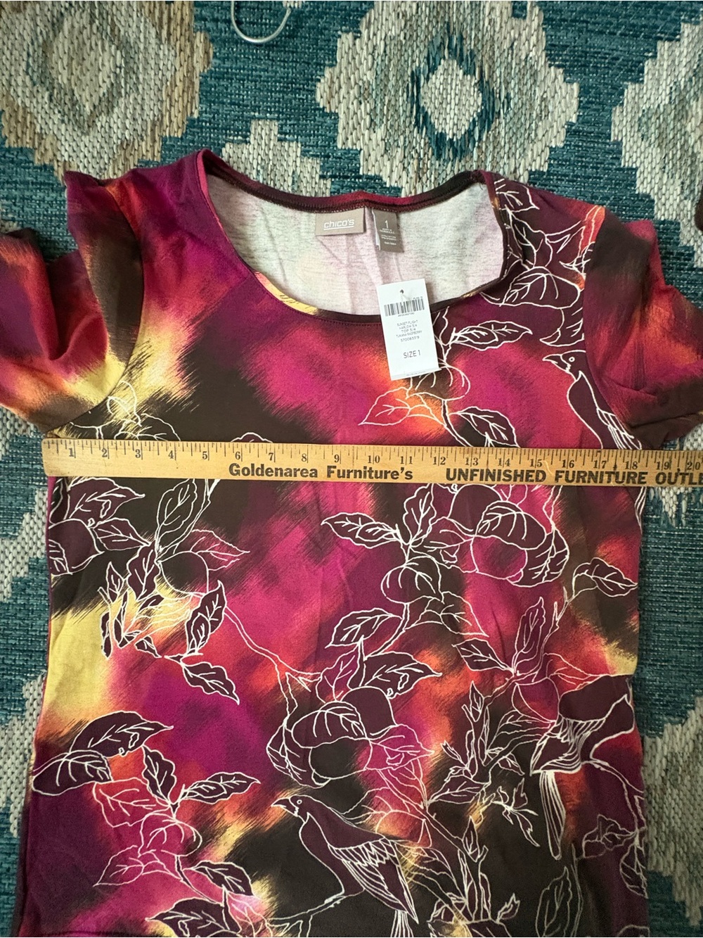 Chico's Magenta, Black & Yellow Floral Bird Long Sleeve Scoop Neck Top - Picture 8 of 8